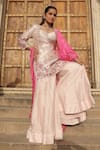 Buy_Meher By Islie_Pink Silk, Georgette Embroidery Square Neck Hand Kurta Sharara Set _at_Aza_Fashions