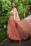 SHASHA GABA_Peach Satin, Net Embroidery Open , Sweetheart Cape And Dhoti Skirt Set _at_Aza_Fashions