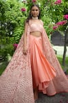 Buy_SHASHA GABA_Peach Satin, Net Embroidery Open , Sweetheart Cape And Dhoti Skirt Set _at_Aza_Fashions