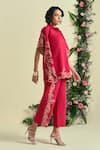 Shop_Origani_Red Linen Embroidery Collared Thread Shirt And Pant Set 
