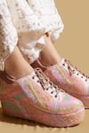 Buy_Tiesta_Pink Neon Beaded Sneaker Wedges _at_Aza_Fashions