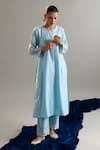 Anantaa By Roohi X AZA_Blue Silk, Chanderi Embroidery, Sequins Round Neck Light Kurta And Pant Set _Online