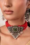 Shop_Anana_Red Gemstones, Pearls Designer Choker Necklace And Earring Set_at_Aza_Fashions