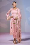 Buy_Samyukta Singhania_Pink Satin Embroidery V-neck Hand Painted Kurta Set _at_Aza_Fashions