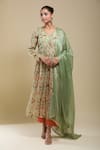 Buy_Samyukta Singhania_Mint Chinon, Cotton, Modal Lace V-neck Green Printed Anarkali Set _Online_at_Aza_Fashions