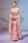 Buy_Samyukta Singhania_Pink Satin Embroidery, Lace Round Neck Padded Blouse And Hand Painted Skirt Set _at_Aza_Fashions