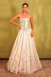 Buy_Kiran Kalsi_Multi Color Satin, Organza Embroidery Square Neck White Hand Corset Lehenga Set _at_Aza_Fashions