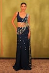 Buy_Kiran Kalsi_Navy Georgette Sequins Round Neck Blue Hand Embroidered Saree Set _at_Aza_Fashions