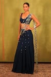 Buy_Kiran Kalsi_Navy Georgette Sequins Round Neck Blue Hand Embroidered Saree Set 