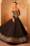 Shop_Kiran Kalsi_Black Satin, Organza Sequins, Embroidery Square Neck Hand Corset Lehenga Set _Online_at_Aza_Fashions