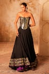 Kiran Kalsi_Black Satin, Organza Sequins, Embroidery Square Neck Hand Corset Lehenga Set _at_Aza_Fashions