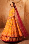 Shop_Kiran Kalsi_Orange Silk, Net Embroidery, Sequins Round Neck Hand Anarkali Lehenga Set _at_Aza_Fashions