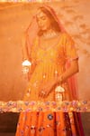 Kiran Kalsi_Orange Silk, Net Embroidery, Sequins Round Neck Hand Anarkali Lehenga Set _at_Aza_Fashions