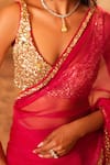 Kiran Kalsi_Pink Organza, Net Embroidery V-neck Hand Saree Set _at_Aza_Fashions
