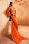Buy_Kiran Kalsi_Rust Satin, Organza Tassels, Embroidery V-neck Orange Hand Kurta Set _Online_at_Aza_Fashions