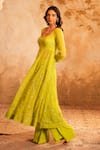 Kiran Kalsi_Lime Georgette, Net Embroidery Round Neck Green Hand Anarkali Set _Online_at_Aza_Fashions