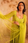 Kiran Kalsi_Lime Georgette, Net Embroidery Round Neck Green Hand Anarkali Set _at_Aza_Fashions
