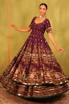 Shop_Kiran Kalsi_Purple Silk, Net Sequins, Embroidery Square Plum Hand Anarkali Lehenga Set _Online_at_Aza_Fashions