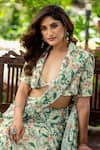 Damoiselle_Ivory Chinon, Viscose, Silk Embroidery V-neck Floral Print Pre-draped Set _Online_at_Aza_Fashions