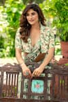 Buy_Damoiselle_Ivory Chinon, Viscose, Silk Embroidery V-neck Floral Print Pre-draped Set _Online_at_Aza_Fashions