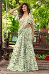 Buy_Damoiselle_Ivory Chinon, Viscose, Silk Embroidery V-neck Floral Print Pre-draped Set _at_Aza_Fashions