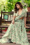 Damoiselle_Ivory Chinon, Viscose, Silk Embroidery V-neck Floral Print Pre-draped Set _at_Aza_Fashions