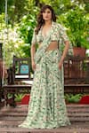 Buy_Damoiselle_Ivory Chinon, Viscose, Silk Embroidery V-neck Floral Print Pre-draped Set 