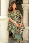 Damoiselle_Emerald Green Chinon, Silk Embroidery V-neck Royal Lotus Peplum Set _Online_at_Aza_Fashions