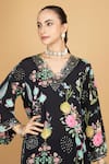 Tanu Malhotra_Black Crepe, Organza Embroidery V-neck Floral Print Kurta Pant Set _Online_at_Aza_Fashions