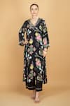 Shop_Tanu Malhotra_Black Crepe, Organza Embroidery V-neck Floral Print Kurta Pant Set _Online_at_Aza_Fashions
