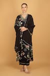 Tanu Malhotra_Black Crepe, Organza Embroidery V-neck Floral Print Kurta Pant Set _at_Aza_Fashions
