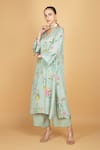 Tanu Malhotra_Green Crepe, Organza Embroidery V-neck Floral Print Kurta Pant Set _Online_at_Aza_Fashions