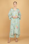 Buy_Tanu Malhotra_Green Crepe, Organza Embroidery V-neck Floral Print Kurta Pant Set 