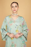 Shop_Tanu Malhotra_Green Crepe, Organza Embroidery V-neck Floral Print Kurta Pant Set 