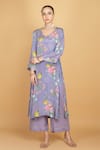 Buy_Tanu Malhotra_Purple Crepe, Organza Embroidery V-neck Floral Print Kurta Set _Online_at_Aza_Fashions