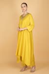 Tanu Malhotra_Lime Cotton, Silk Round Neck Yellow Kaftaan And Pant Set _at_Aza_Fashions