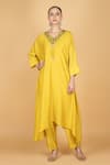 Buy_Tanu Malhotra_Lime Cotton, Silk Round Neck Yellow Kaftaan And Pant Set _at_Aza_Fashions