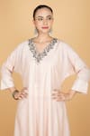 Tanu Malhotra_Ivory Cotton, Silk Beads, Embroidery V-neck Embellished Kaftaan And Pant Set _Online_at_Aza_Fashions