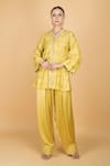 Shop_Tanu Malhotra_Yellow Cotton, Silk, Modal, Organza Embroidery Round Neck Lime Kurta Pant Set _Online_at_Aza_Fashions