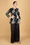 Buy_Tanu Malhotra_Black Georgette, Modal, Silk Embroidery Round Floral Overlay Top And Pant Set 