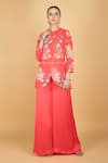 Buy_Tanu Malhotra_Coral Georgette, Modal, Silk Embroidery Round Neck Pink Overlay Top And Pant Set 