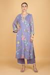Shop_Tanu Malhotra_Purple Georgette, Modal, Silk, Organza Embroidery V-neck Floral Print Kurta Set _Online_at_Aza_Fashions