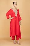 Tanu Malhotra_Red Cotton, Silk Embroidery Round Neck Kaftaan And Pant Set _Online_at_Aza_Fashions