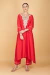 Buy_Tanu Malhotra_Red Cotton, Silk Embroidery Round Neck Kaftaan And Pant Set _at_Aza_Fashions