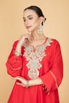 Shop_Tanu Malhotra_Red Cotton, Silk Embroidery Round Neck Kaftaan And Pant Set _Online_at_Aza_Fashions