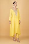 Tanu Malhotra_Yellow Cotton, Silk Embroidery Split V-neck Lime Kaftaan And Pant Set _Online_at_Aza_Fashions