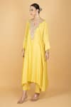 Buy_Tanu Malhotra_Yellow Cotton, Silk Embroidery Split V-neck Lime Kaftaan And Pant Set _Online_at_Aza_Fashions