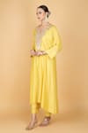 Shop_Tanu Malhotra_Yellow Cotton, Silk Embroidery Split V-neck Lime Kaftaan And Pant Set _Online_at_Aza_Fashions