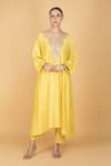 Buy_Tanu Malhotra_Yellow Cotton, Silk Embroidery Split V-neck Lime Kaftaan And Pant Set _at_Aza_Fashions