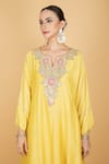 Tanu Malhotra_Yellow Cotton, Silk Embroidery Split V-neck Lime Kaftaan And Pant Set _at_Aza_Fashions